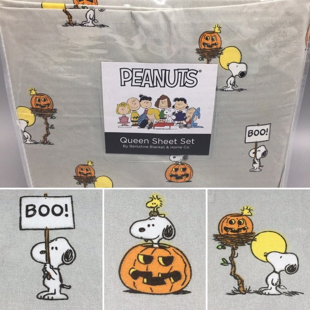Berkshire Peanuts Halloween QUEEN Sheet Set Snoopy Woodstock Great Pumpkin Boo